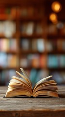 Open book in front of blurred bookshelf, education and reading background