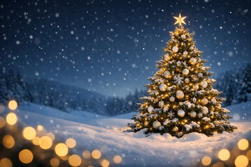 Magical Christmas Tree in Snowy Winter Forest with Golden Holiday Lights, Star Topper, Festive Ornaments and Gift Boxes Under Falling Snow &ndash; Warm Celebration Atmosphere