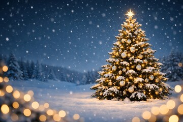 Magical Christmas Tree in Snowy Winter Forest with Golden Holiday Lights, Star Topper, Festive Ornaments and Gift Boxes Under Falling Snow &ndash; Warm Celebration Atmosphere