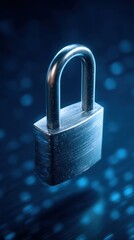 Blue padlock close up, cybersecurity and data protection background