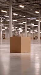 Cardboard box in warehouse aisle, delivery logistics and storage background