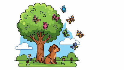 A cute dachshund dog sitting peacefully under a lush green tree surrounded by colorful butterflies.