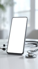 Smartphone on stand with blurred background, modern device mockup