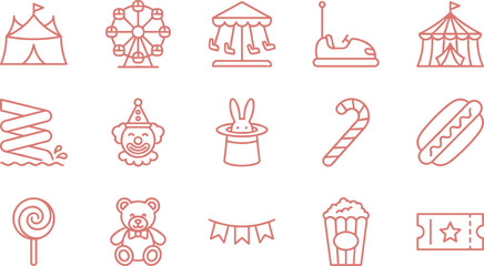 Amusement park and carnival icons set, circus tent, ferris wheel, clown, magic, popcorn, ticket, entertainment symbols. © Mahmud's World
