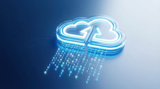 Digital cloud computing concept with glowing blue icon and data transfer streams, symbolizing upload and data management. - Powered by Adobe