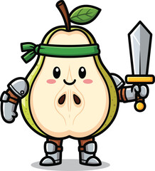 Adorable cartoon pear knight sliced in half wearing shiny metal armor and holding a sword.