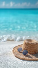Beach sandals on sand near sea, summer vacation background