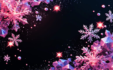 Magical Neon Winter Pink Purple Snowflakes, Faceted Crystals, Glowing Pearls and Sparkling Stars on Deep Black Background for Festive Holiday Graphics, Christmas Cards, New Year Invitations