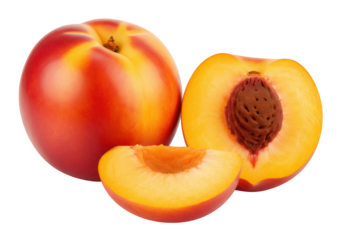 Ripe nectarine fruit isolated PNG, whole and sliced, showing juicy flesh and pit, healthy eating and summer harvest