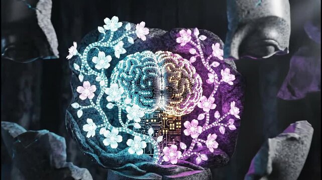 A vibrant digital illustration showcasing a dual-hemisphere brain intertwined with delicate floral patterns, symbolizing the fusion of nature and technology.