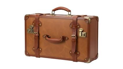 Brown vintage leather suitcase with brass latches and handle isolated on a transparent background