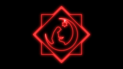 Vibrant red neon icon depicting a spiritual symbol with a praying human figure, crescent moon, and a six-pointed star, all within a glowing geometric frame, isolated on black background.