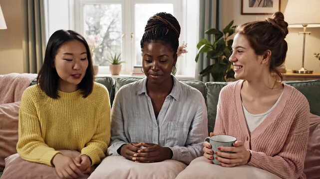 Three diverse female friends enjoying a warm and supportive conversation together on a cozy sofa at home