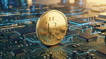 A golden Bitcoin coin standing upright on a glowing circuit board with intricate electronic components.