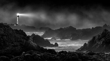 Lighthouse Beam Through Misty Coastal Landscape