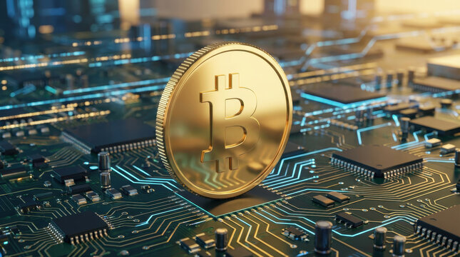 A golden Bitcoin coin standing upright on a glowing circuit board with intricate electronic components. - Powered by Adobe