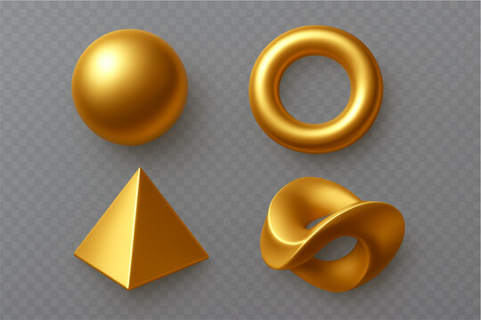 A comprehensive collection of golden geometric design elements featuring minimalist 2D outlines, diverse flat icons, and realistic 3D metallic shapes. This versatile set includes circles, triangles, 