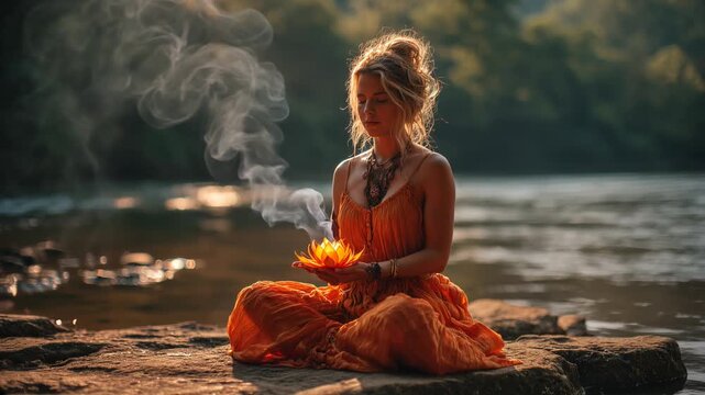 spiritual woman in orange dress meditating with an orange lotus emitting smoke near by river. second chakra sacral energy svadhisthana activation