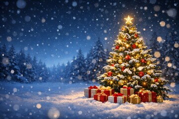 Magical Christmas Tree in Snowy Winter Forest with Golden Holiday Lights, Star Topper, Festive Ornaments and Gift Boxes Under Falling Snow &ndash; Warm Celebration Atmosphere