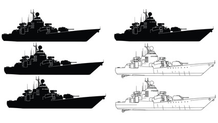 Black and white illustrations of warships showcasing different perspectives and details © MdBakerHossen