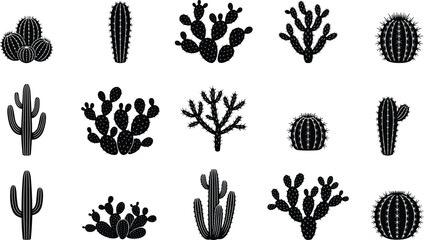 Cactus silhouettes set, desert succulent plants vector collection, prickly pear saguaro barrel cacti isolated on white background © Masum's World