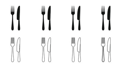 A simple arrangement of black and white forks and knives on a white background