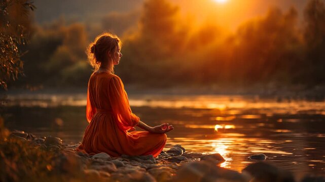 spiritual woman in orange dress meditating near by river at sunrise. second chakra sacral energy svadhisthana activation