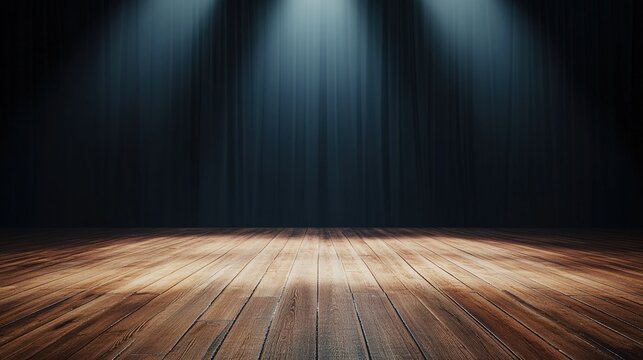 floorboards. Empty theater stage with wooden floorboards, highlighted by a dramatic spotlight. event programs, museum guides, designed for cultural heritage projects and event programs.