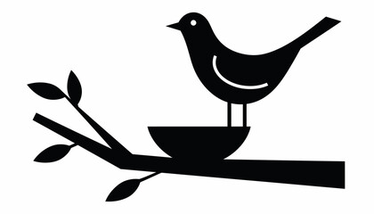 Black silhouette of a bird sitting on a nest on a tree branch, isolated on white background.