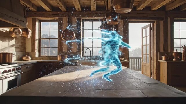 An ethereal being of blue light and energy takes shape on a tabletop in a charming, rustic kitchen, blending technology and home life