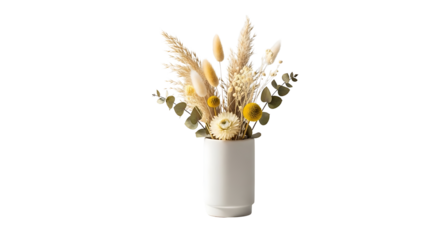 Elegant dried floral bouquet with pampas grass and vibrant yellow accents in a modern white ceramic vase, perfect for minimalist home decor and natural interior design aesthetics