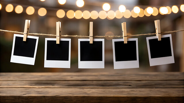 Polaroid memories hanging in warm light