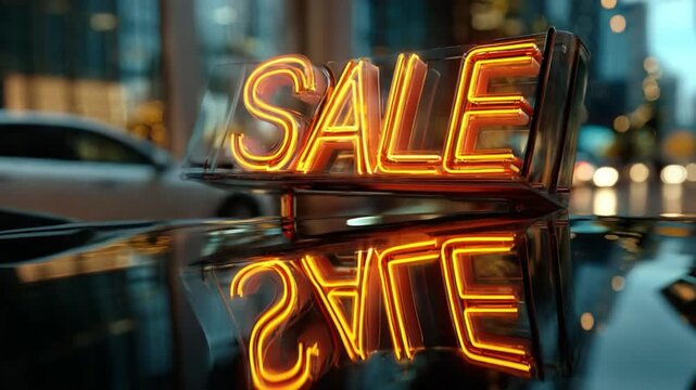 neon-style sale sign glowing in shop window at night, urban city reflections, cinematic retail mood