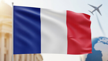 Obraz premium France flag with an airplane and a globe in background representing international travel and global connections
