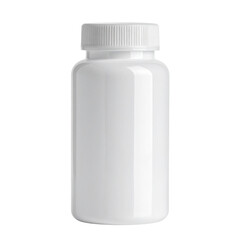 Blank white plastic medicine bottle and empty pharmaceutical pill jar container with a cap isolated on a white background for medical health supplement packaging