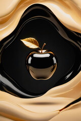 Exclusive Gold Apple Resting in Black Glossy Liquid Surface Abstract Art