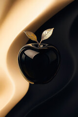 Luxury Black Apple Still Life with Golden Leaf on Dark Liquid Background