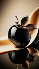 Exclusive Gold Apple Concept Resting in Black Glossy Liquid Bowl Abstract Art