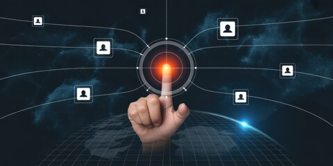 Digital Interface: A hand is reaching out and connecting with a digital interface, symbolizing the link between human interaction and technology, creating a concept of innovation and progress.