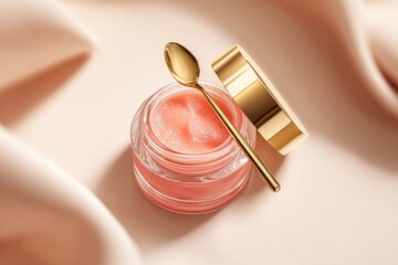 Pink Lip Scrub In Open Jar With Gold Spoon