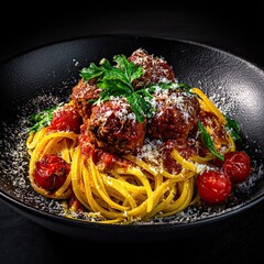 Classic spaghetti meatballs with rich sauce and fresh basil served in elegant black bowl for fine dining
