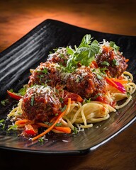 Luxury spaghetti with glazed meatballs and tomato sauce in dark restaurant setting with moody lighting