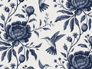 Naklejka premium Blue floral pattern with hummingbird