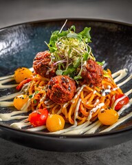 Homestyle Italian spaghetti with juicy meatballs and tomato sauce in cozy dark food photography style