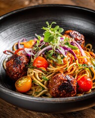 Elegant spaghetti meatballs pasta with tomato sauce and basil garnish in modern fine dining presentation