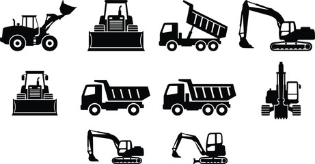 Construction machinery silhouette icons set, excavator bulldozer dump truck loader vehicles, heavy equipment vector illustration isolated on white background © MstLovely