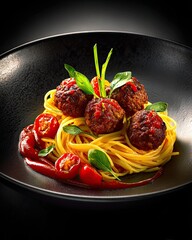 Premium spaghetti and meatballs served in black bowl with rich sauce and fresh herbs