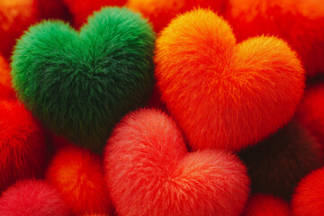 Contrast of green and orange fluffy hearts for creative romantic background