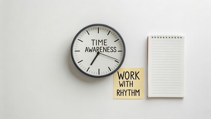A clock showing 'Time Awareness' next to a notepad and a sticky note saying 'Work with Rhythm' on a white background.