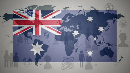 Australian flag superimposed on world map with people icons
